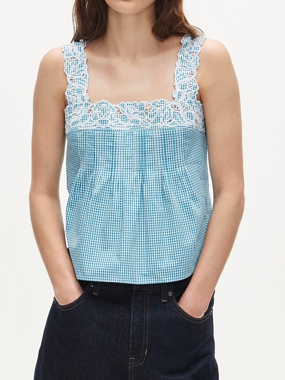 J.Crew Gingham Embroidered Lace Square Neck Tank Top Teal White Size S